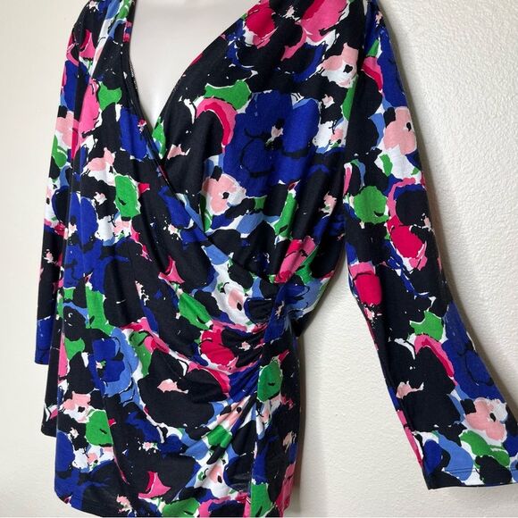 Talbots Black Multi Color Floral Surplice Wrap Top 3/4 Sleeve Women Size Large - Picture 4 of 10